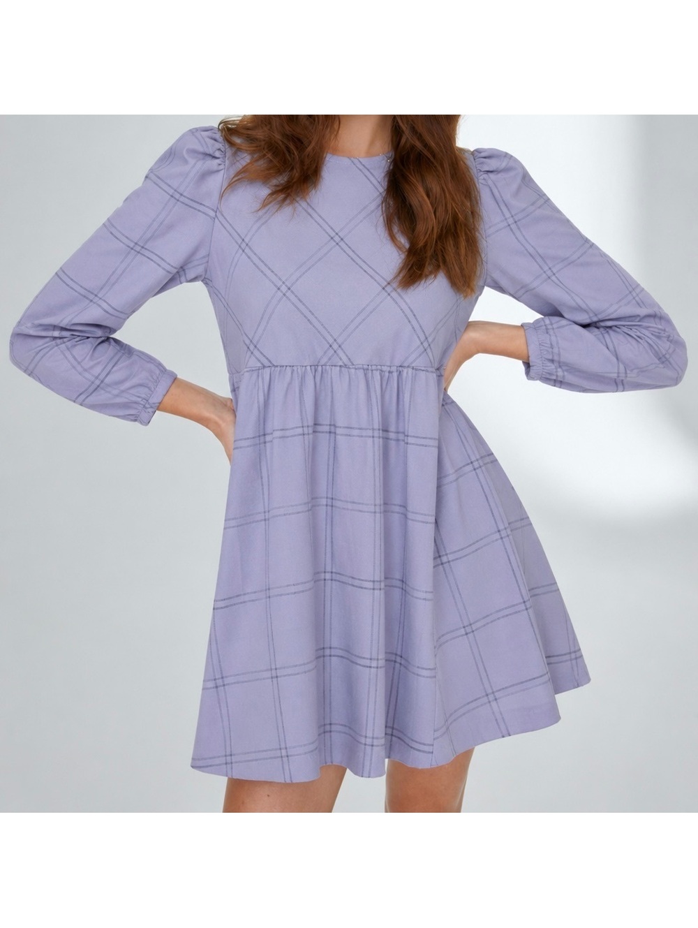 Aritzia Sunday Best Gia babydoll dress lavender and gray plaid check pattern